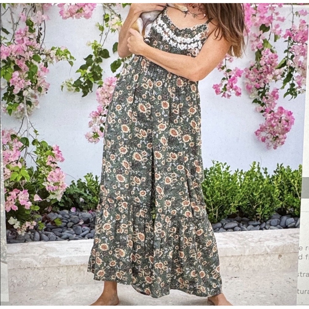 Natural Life Harley Embroidered Jumpsuit Olive Green Floral Wide Leg Small Boho - Picture 2 of 12